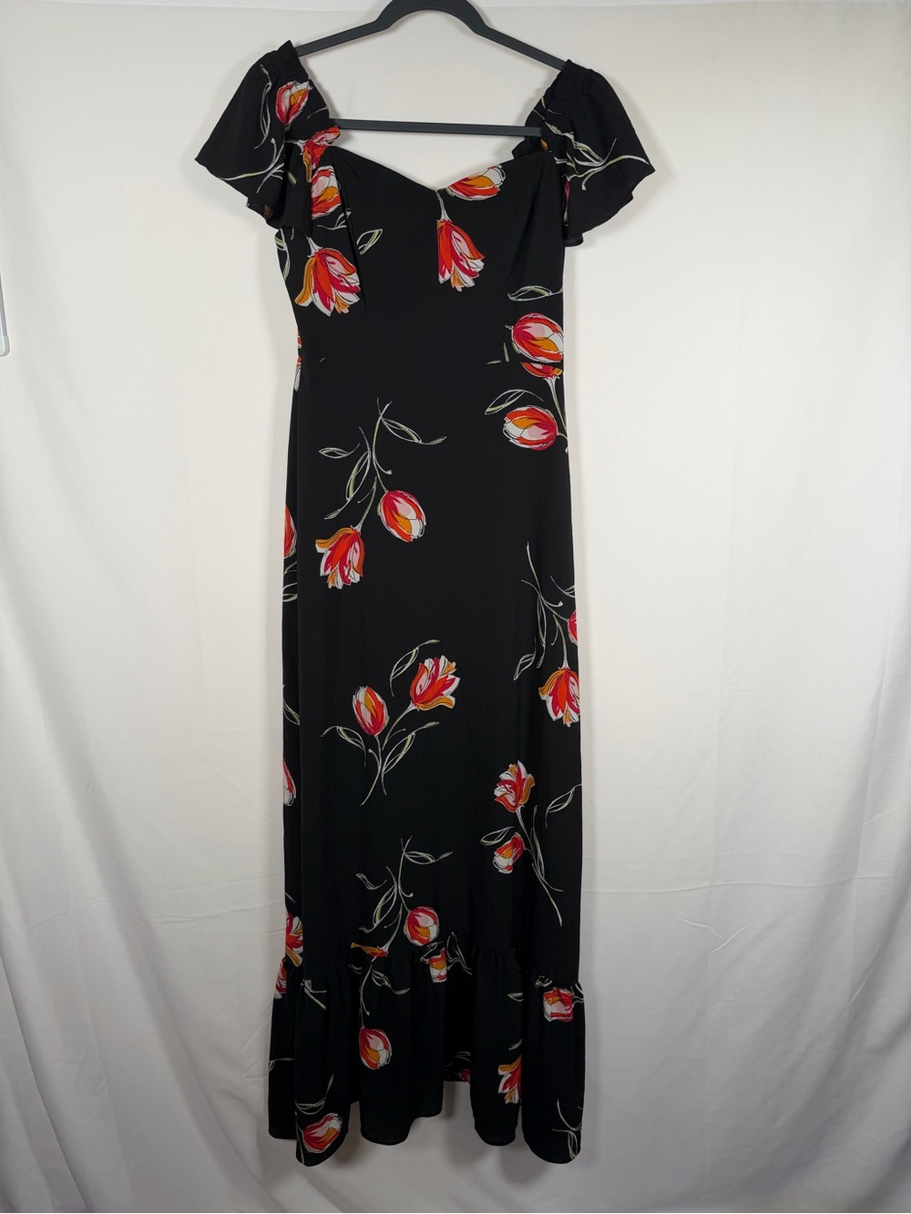 Black Floral Off-Shoulder Maxi Dress with Red Tulip Print Wedding Guest Dress